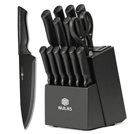 NULAS Knife Set, 14Piece Knife Sets for Kitchen with Block, Dishwasher Safe, Built in Sharpener Block, Black