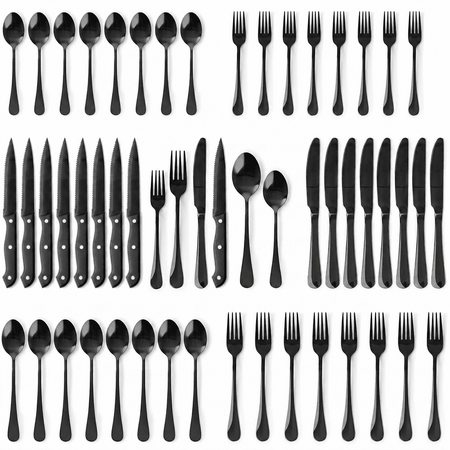 NULAS 48-Piece Silverware Set, Mirror Polish Stainless Steel Flatware Set. Includes Steak Knives, Dishwasher Safe for Home & Restaurant, Gifts, Black.