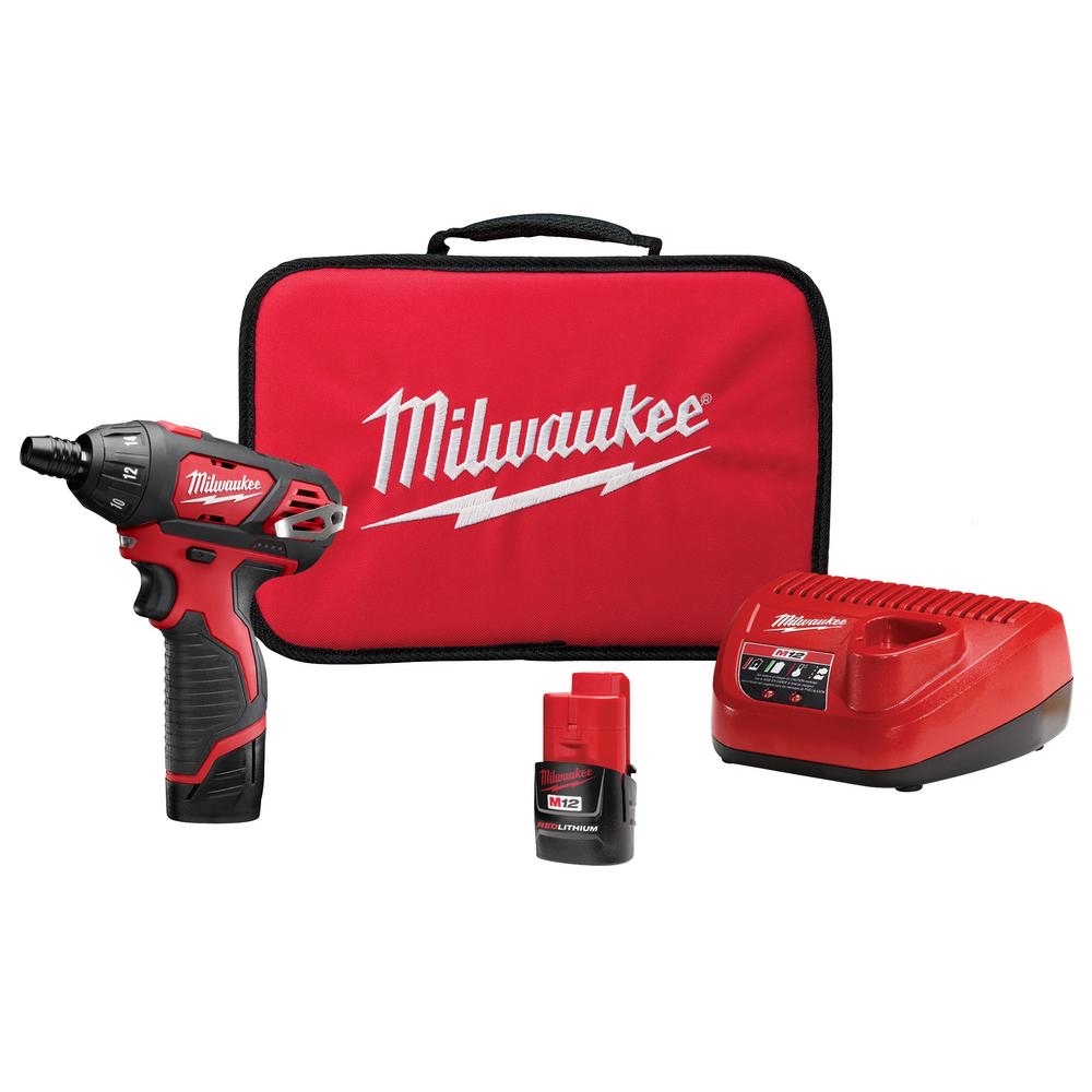 Milwaukee M12 12-Volt Lithium-Ion Cordless 1/4 in. Hex Screwdriver Kit with Two 1.5Ah Batteries, Charger and Tool Bag-2401-22 - $49