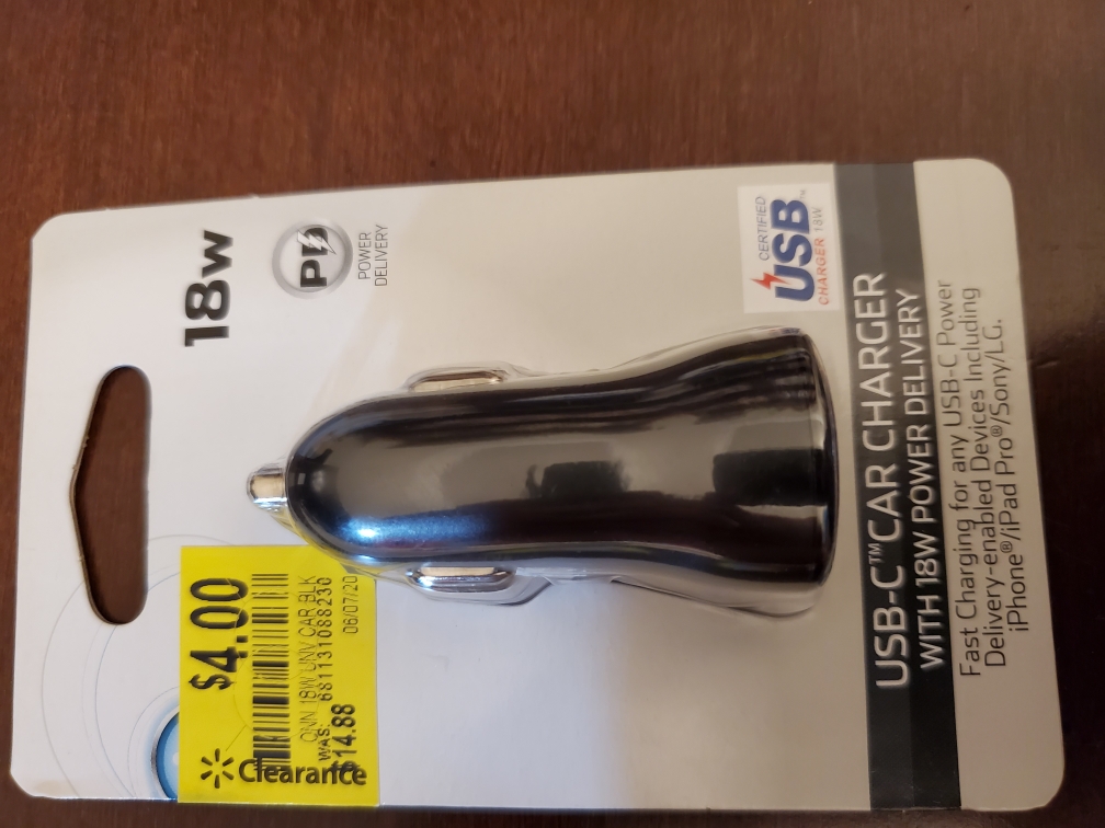 Walmart -  ONN 18w USB-C fast car charger with PD  $4.00  YMMV  in store only.