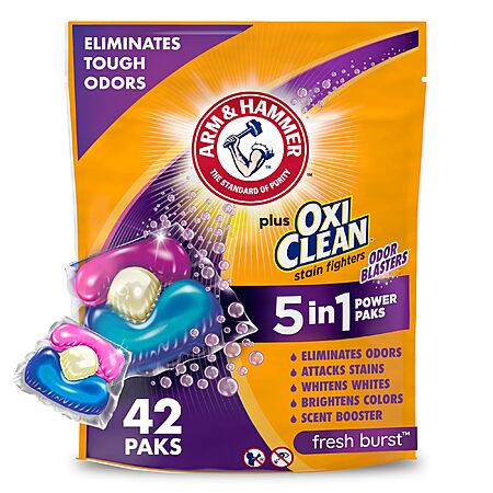 $5.67 42-Count Arm & Hammer Plus OxiClean 5-in-1 Laundry Detergent Power Paks (Fresh Burst scent)