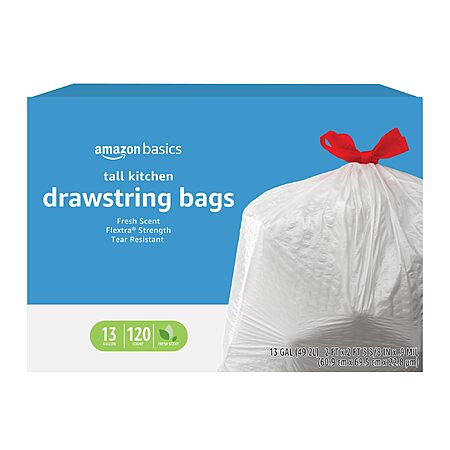 $9.37 for 120 Count Amazon Basics Flextra Strength 13 Gallon Tall Kitchen Drawstring Trash Bags (Fresh Scent) Tear Resistant with S&S