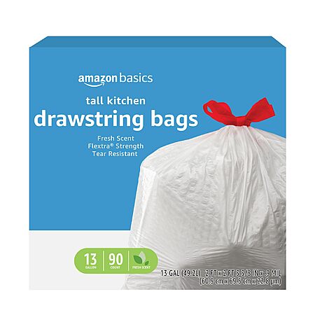 $7.91 for 90 Count Amazon Basics Flextra Strength 13 Gallon Tall Kitchen Drawstring Trash Bags (Fresh Scent) Tear Resistant with S&S