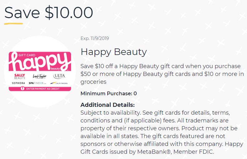 Publix: $10 off $50 Select Happy Gift Cards when you spend $10+ on Groceries (Expires 11/9/19)