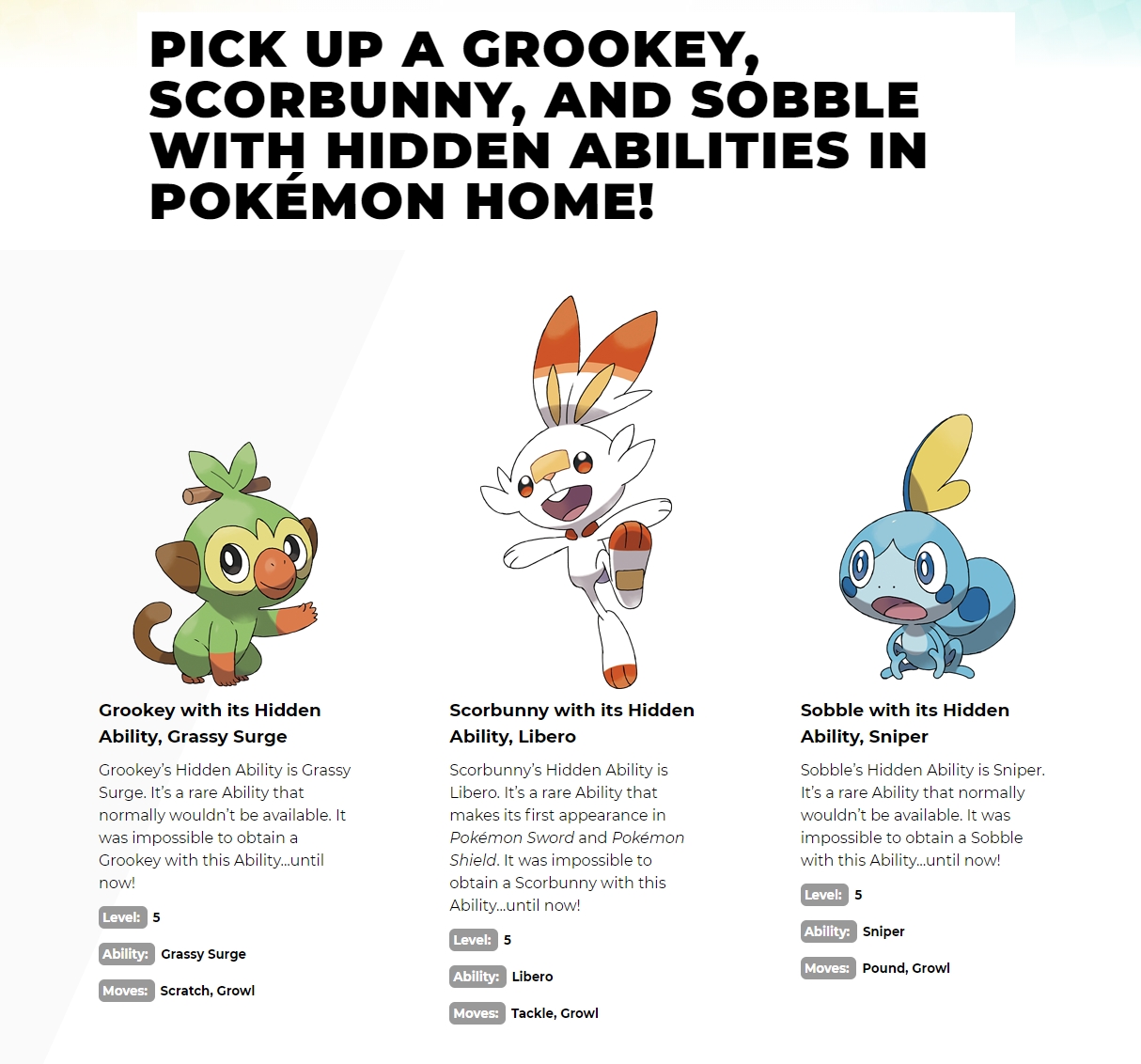 Free Sobble, Grookey, Scorbunny w/ Hidden Abilities for Pokemon Sword/Shield via Pokemon Home