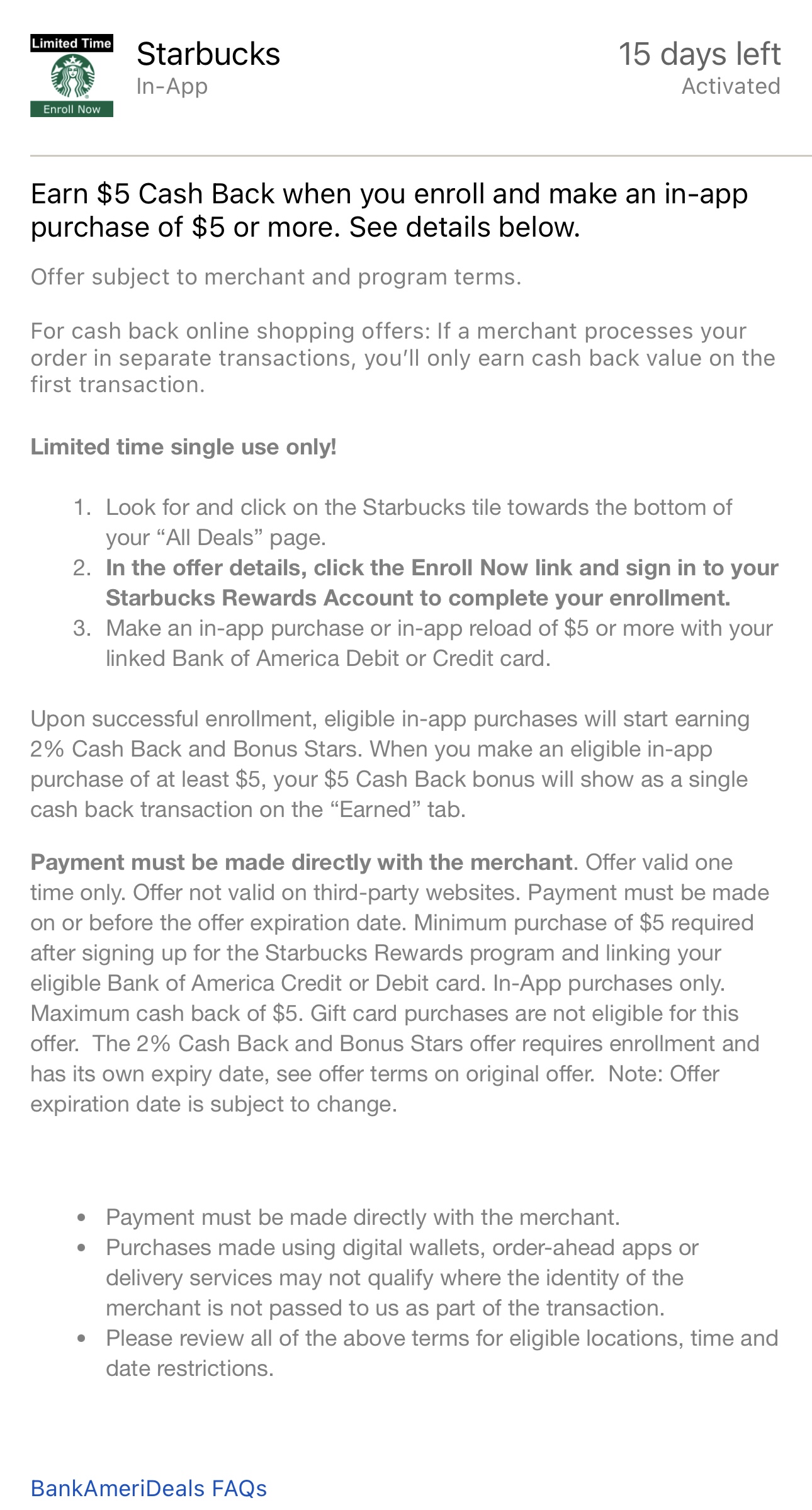 YMMV Starbucks $5 Credit from BoA Offer - $0.00