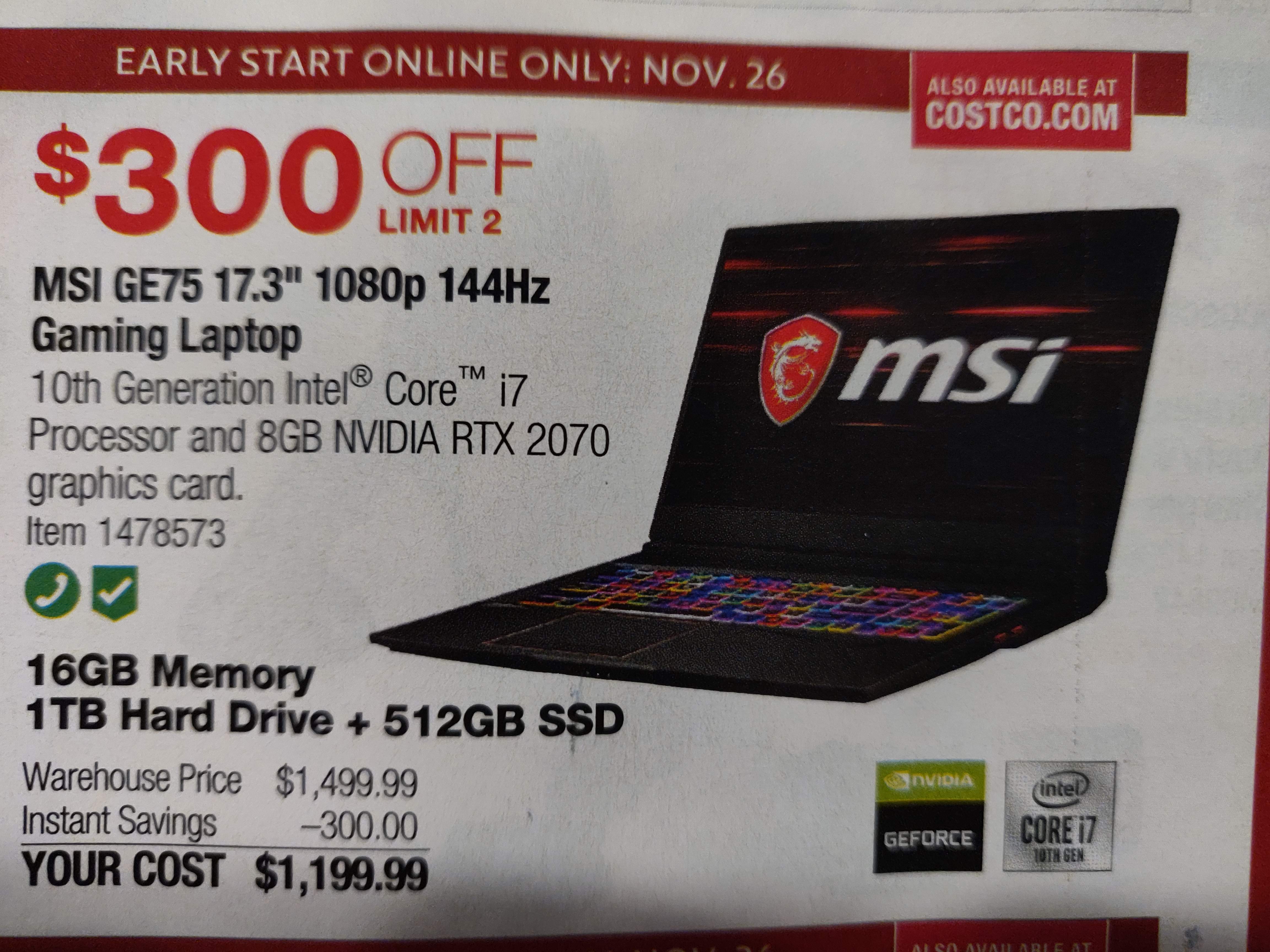 * LIVE NOW* MSI GE75 17.3" Gaming Laptop: 10th Gen i7, 8GB RTX 2070, 1080p 144Hz, 16GB Memory, 512GB SSD + 1TB HDD $1199.99