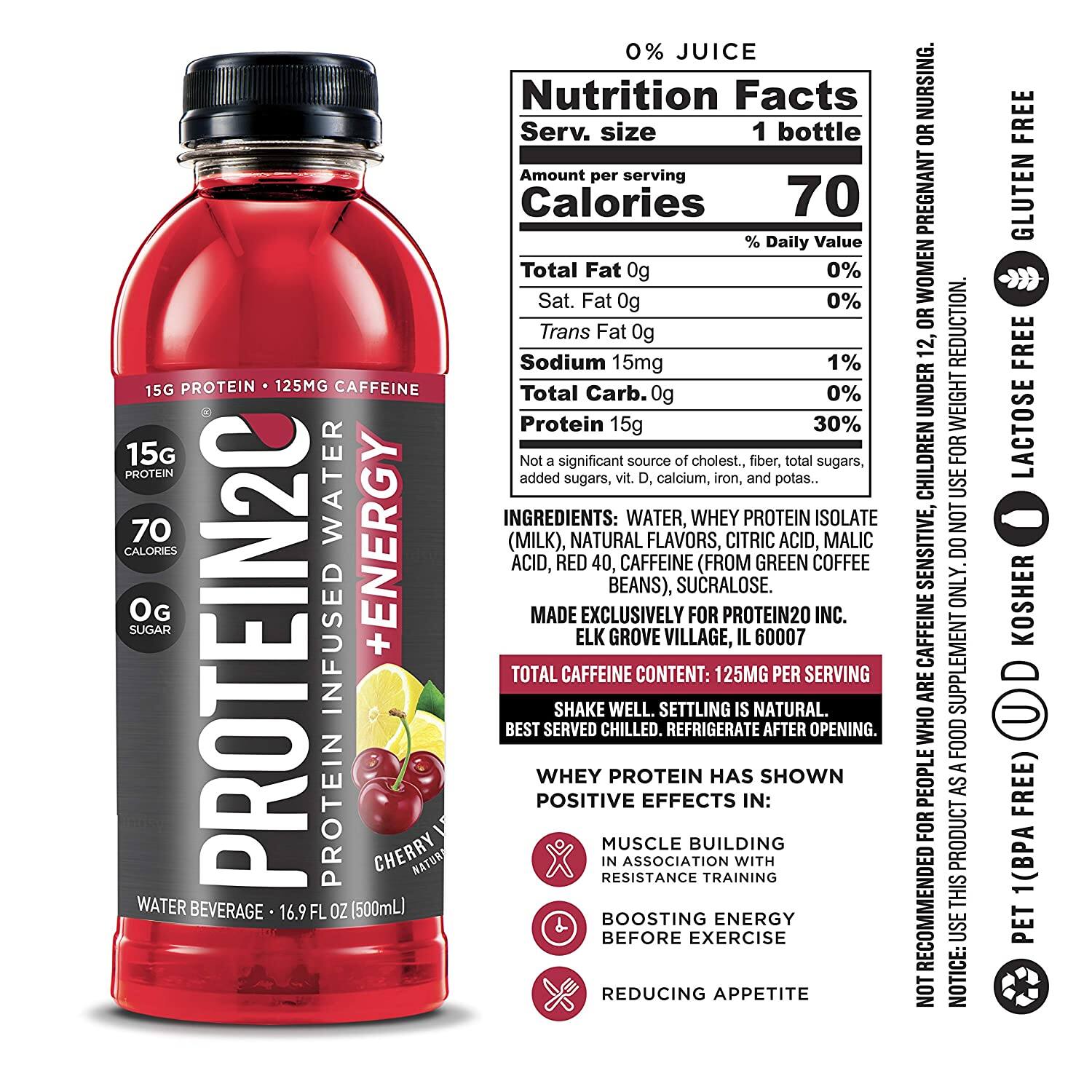 Protein2o + Energy, 15g Whey Protein Isolate, Cherry Lemonade (Pack of 12) $12.99