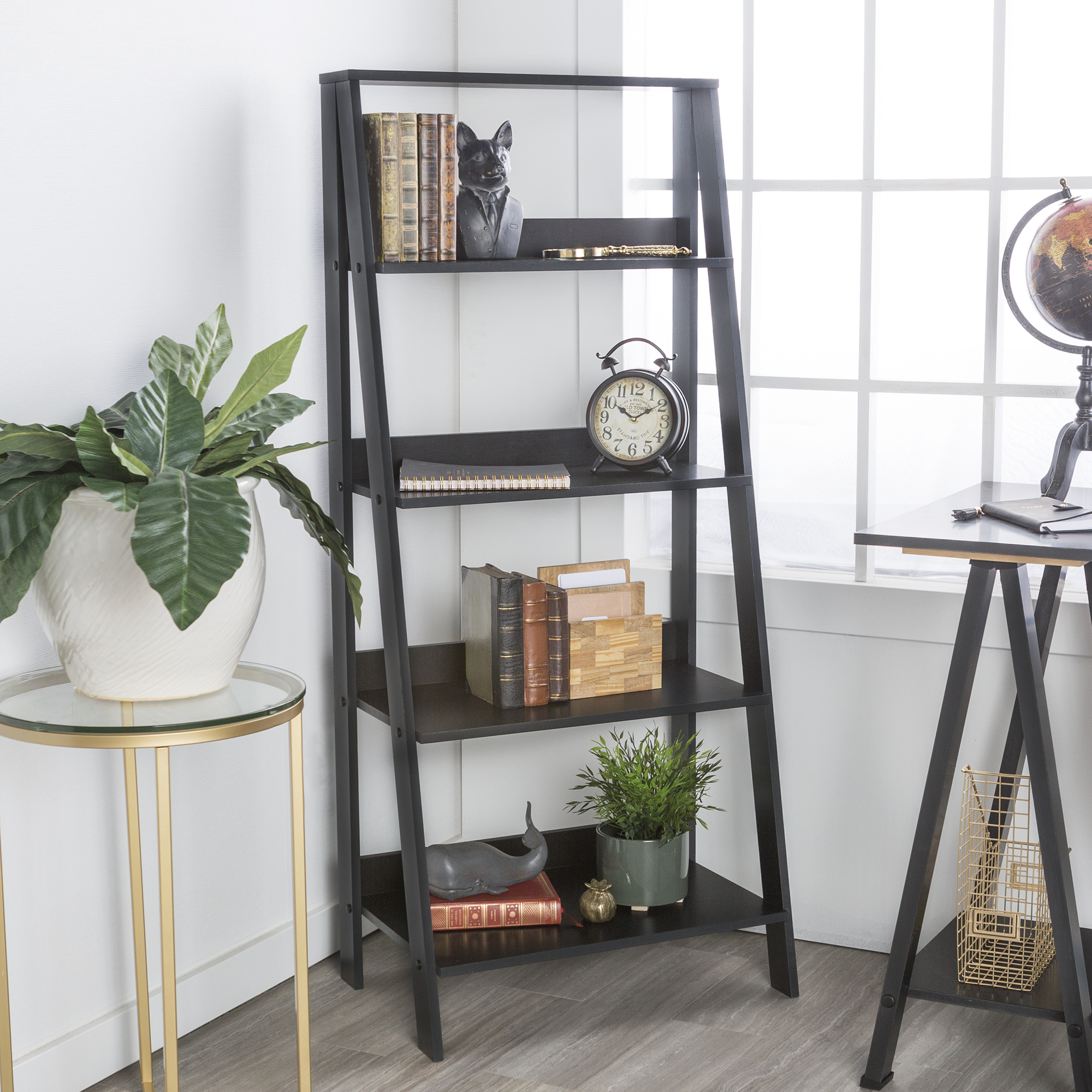 4-Shelf Manor Park Wood Leaning Ladder Bookshelf (black, gray, or white) $49 + Free Shipping