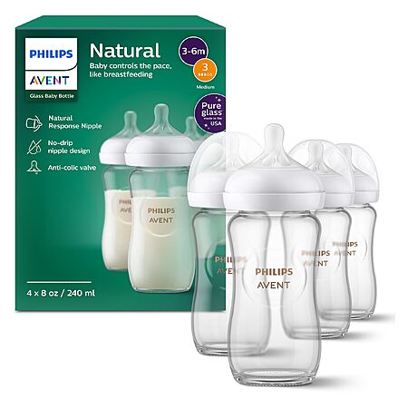 4 Pack - Philips Avent Natural Glass Baby Bottles, Medium Flow, 8 oz, BPA-Free