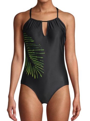 Women's Swimwear: Simply Fit 1-Piece Hi Neck Swimsuit (black or palm print) $9.50, Juicy Couture Nailhead 1-Piece Swimsuit (white or black) $16.50 & More + Free S/H on $35+