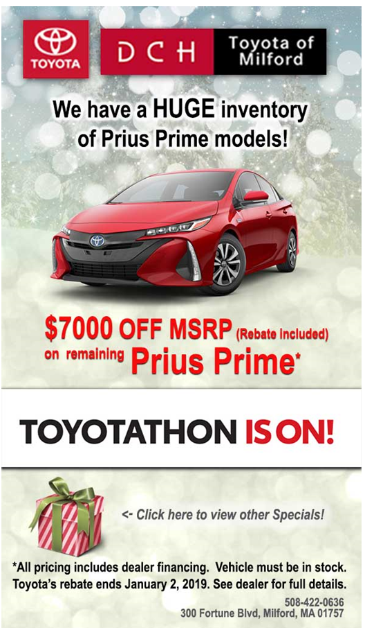 Toyota Prius Prime :$28500 -  up to 5000 off (manufacturer rebate)- upto $3000 off dealer discount - 4500 federal tax credits = $16000 plus tax and doc fees