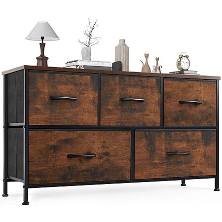 OLIXIS 5 Drawer Dresser Nightstand Classic Rust Brown - $35.97