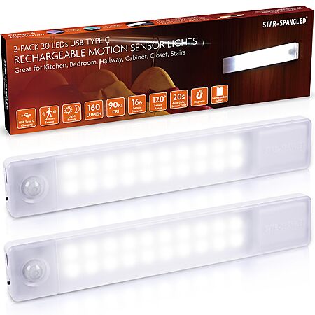 STAR-SPANGLED Under Cabinet Lighting Rechargeable, 8 inch Motion Sensor Lights, White or Warm White, 2 Pack - $6.79