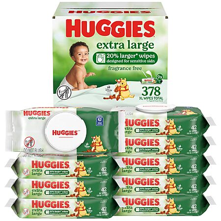Huggies Extra Large Baby Wipes, Unscented, 9 Flip-Top Packs, 378 XL Wipes Total - $11.06 w/ Coupon + S&S