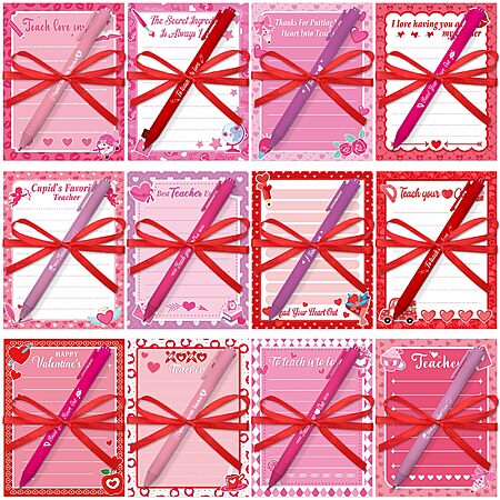 Colarr 24 Set Teacher Valentines Gifts Bulk Pink Sticky Notes with Pens ...