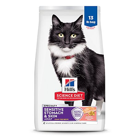 Hill's Science Diet Adult Sensitive Stomach & Skin Grain Free Dry Cat Food, Salmon & Yellow Pea, 13 lb. Bag (Updated Formula) - $20.39 AC + S&S