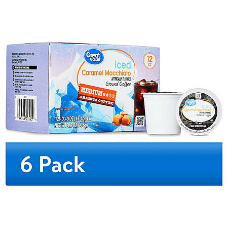$24.13 - (6 pack x 12 pods) Great Value Iced Caramel Macchiato, Medium Roast Arabica Coffee Pods, 12 Count