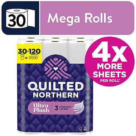 $25.96 - Quilted Northern Ultra Plush 3-Ply Toilet Paper, 30 Mega Rolls, 255 Sheets per Roll