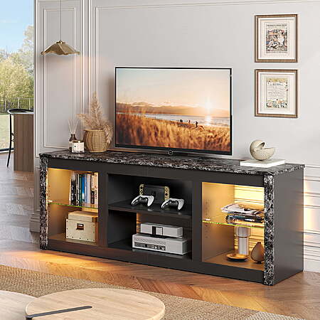 $95.50 - Bestier LED TV Stand for TVs up to 70", Entertainment Center with Storage Shelves, Black Marble