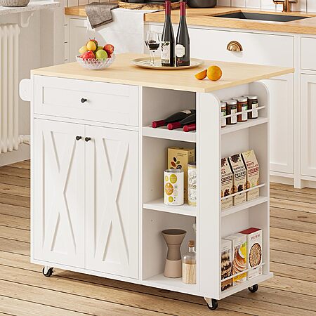 $89.99 - IRONCK Kitchen Island with Drop Leaf and Wine Rack, White at Amazon