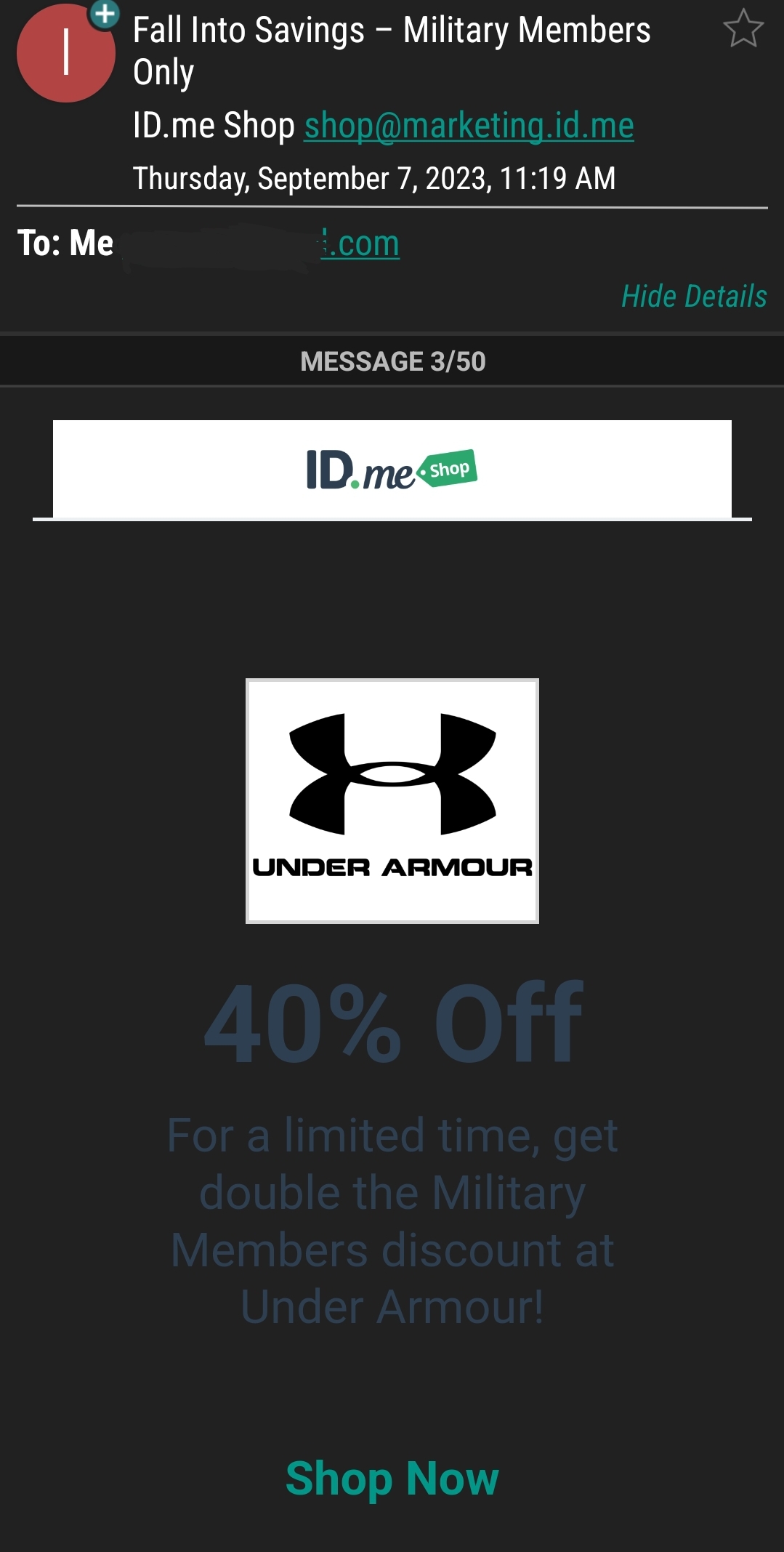 Military 40 off at Under Armour with ID.me