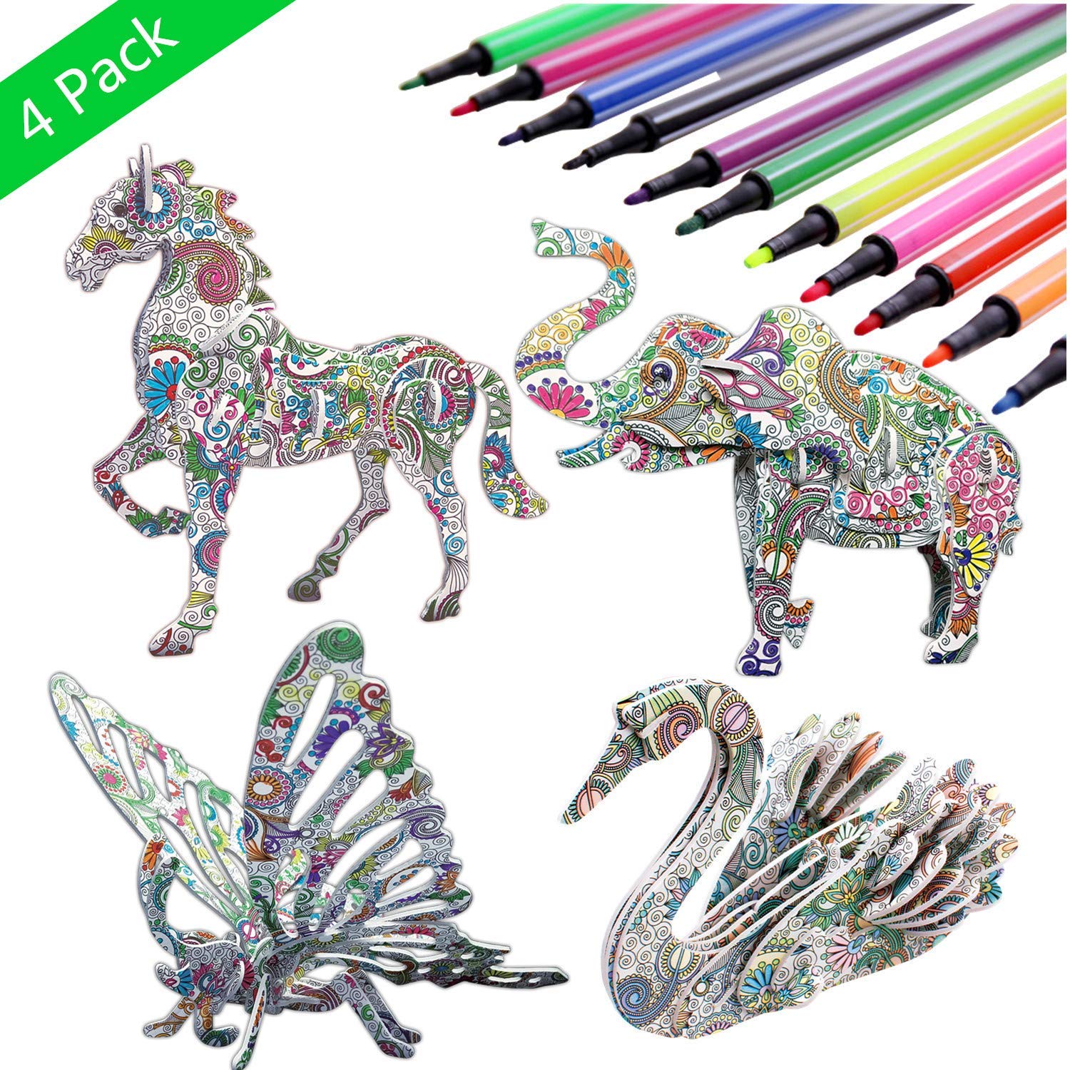 3D Coloring Puzzle Set,4 Animals Puzzles with 12 Pen Markers $6.99