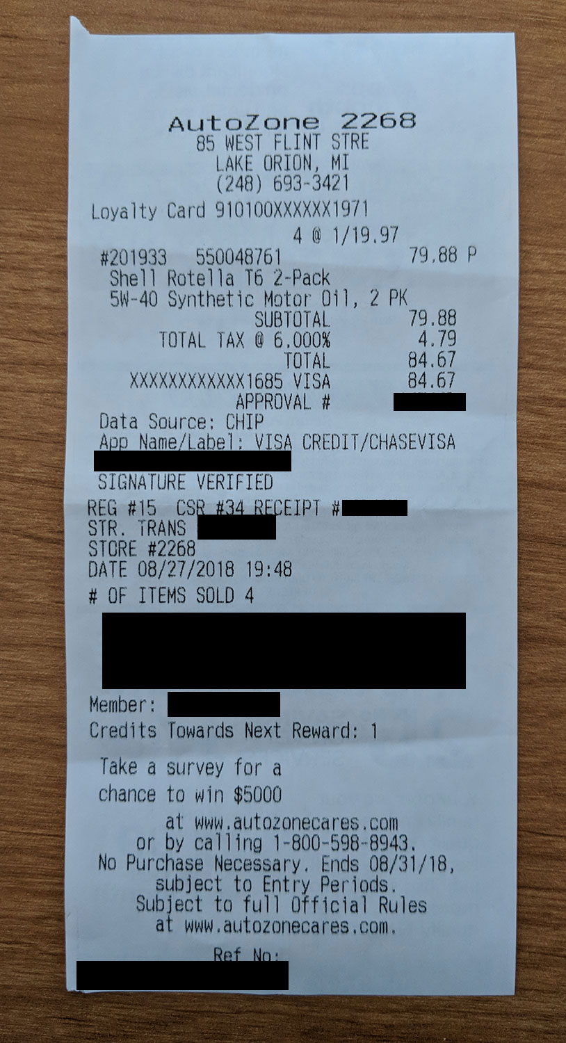 2 cases (4 gallons) Shell Rotella T6 5w-40 full synthetic oil - $5 AC/AR AutoZone BM only (plus a free hat) - hotter deal now with coupon