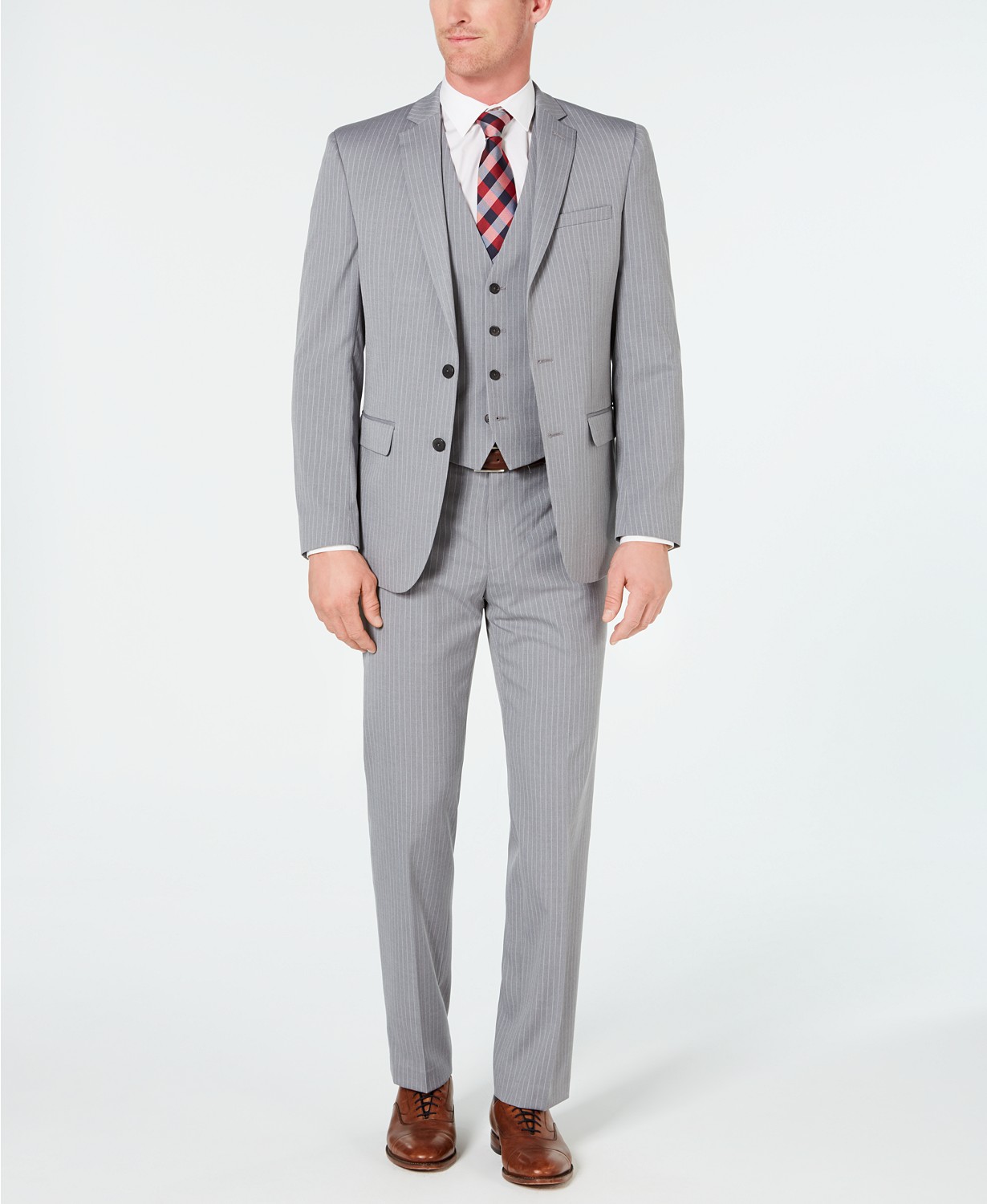 3-Piece Van Heusen Men's Slim-Fit Flex Stretch Wrinkle-Resistant Stripe Vested Suit (light grey) $80 & More + Free Shipping