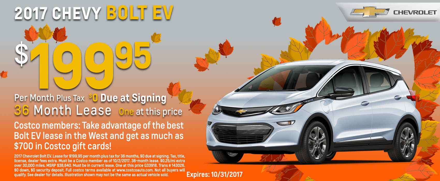 2017 Chevy Bolt EV North Cal Lease (10K, 36 mo)  $200 per month, $0 due at signing