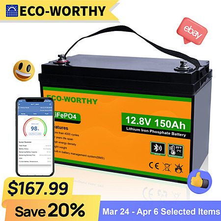 ECO-WORTHY 1920Wh 12V 150Ah LiFePO4 Lithium Battery Bluetooth monitoring For RV | eBay $162.99