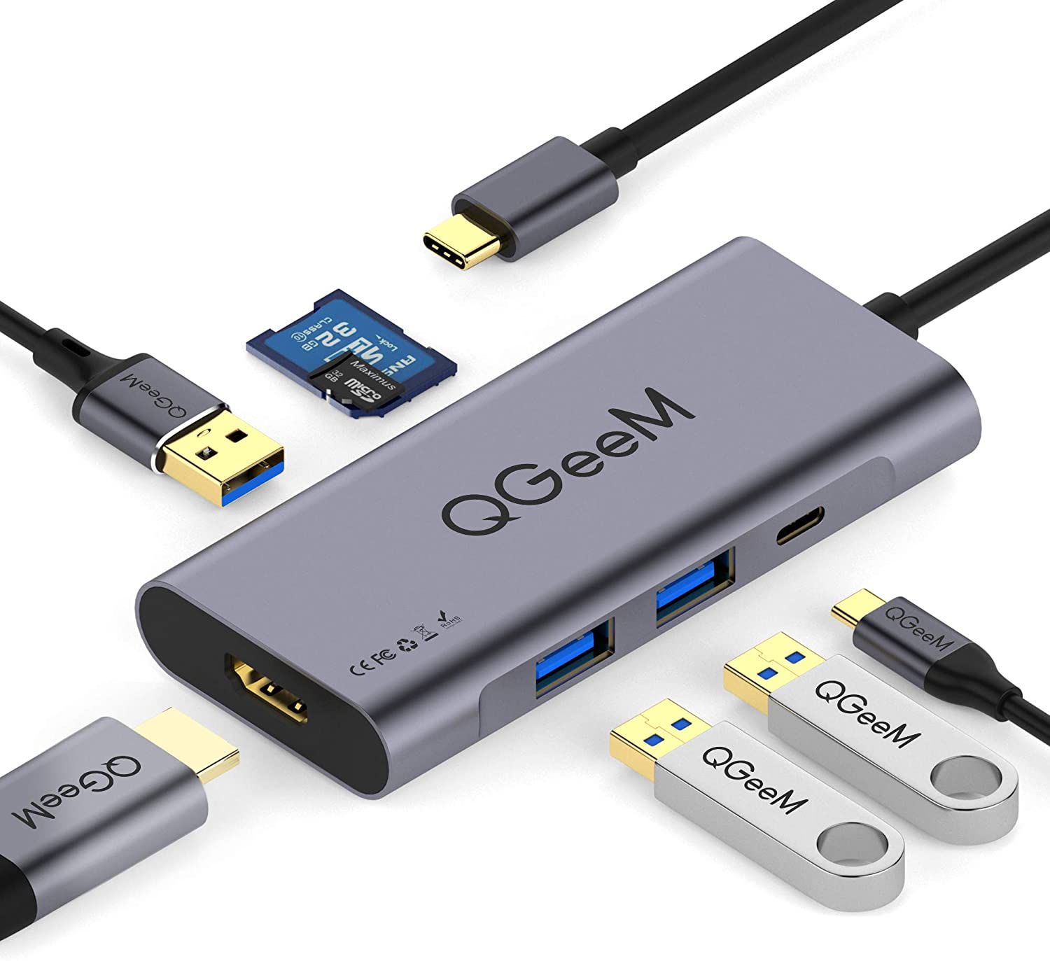 QGeeM 7 in 1 USB Type C Hub HDMI 4k Adapter,3 USB 3.0 Ports,SD/TF Card Readers,2018 Mac Air,Chromebook USB C @ $18 + F/S