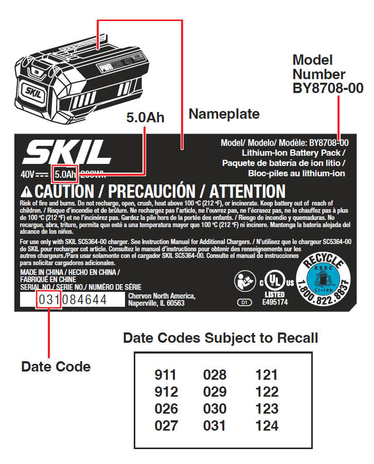 SAFETY RECALL SKIL 40V 5.0Ah Lithium-ion Battery (Model #BY8708-00)