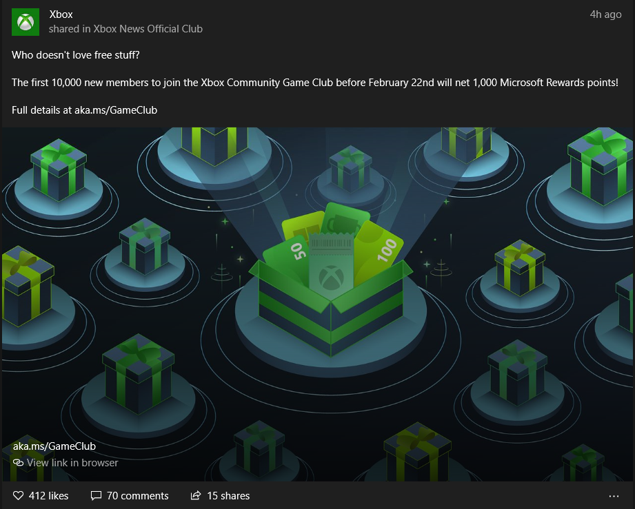 Join the Xbox Community Game Club, score 1,000 Microsoft Rewards Points