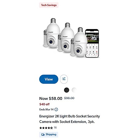 Energizer 2K Light Bulb Socket Security Camera with Socket Extension ...