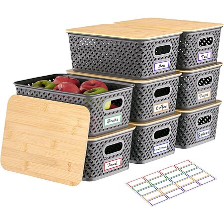 8-Pk Anysig Stackable Plastic Storage Bins w/ Bamboo Lids (3 Colors ...