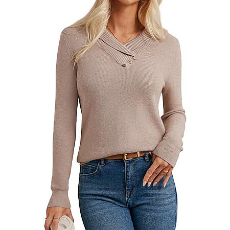Grace Karin Long Sleeve V Neck Collared Sweater (Various Colors)