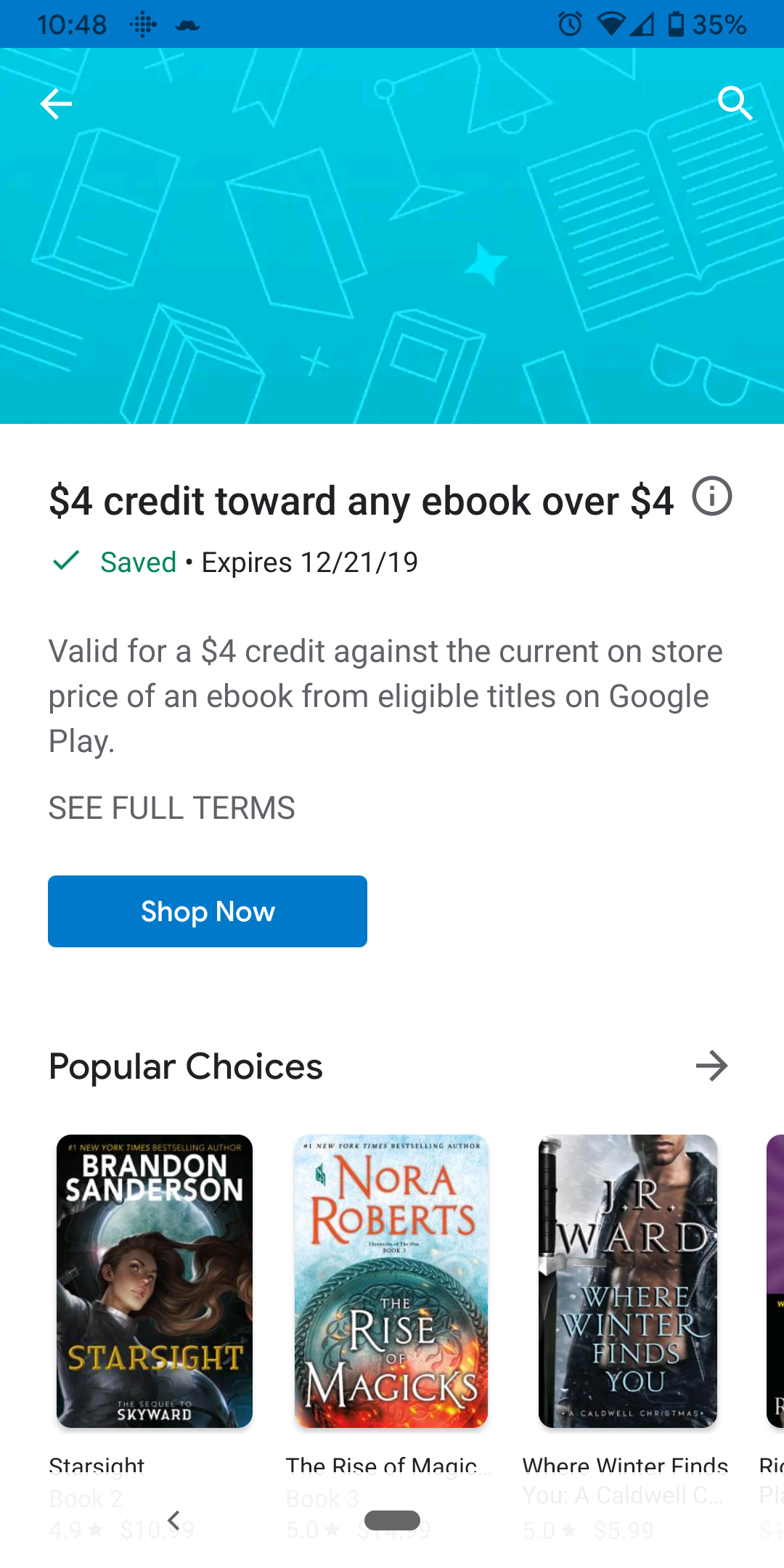 Google Play Store offer on ebooks: $4 off $4+ purchase (ymmv?)