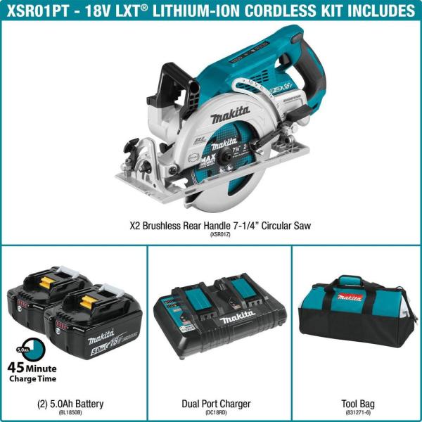 Makita XSR01PT 36v (18 X 2) Rear Handle Circular Saw Kit + Extra Batteries. 4 5Ah Batteries total. $249