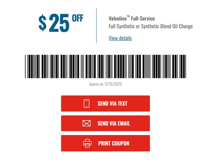 Valvoline Instant Oil Change In Store Coupon Full Synthetic/Blend Oil