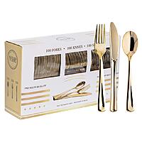 N9R 300PCS Gold Plastic Silverware, Heavy Duty Gold Plastic Cutlery Set Disposable Flatware Dinnerware, 100 Forks, 100 Spoons, 100 Knives, Perfect for Party $36.99