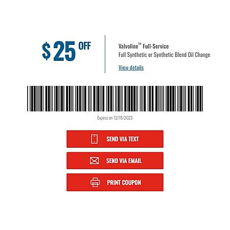 Valvoline Instant Oil Change In-Store Coupon: Full Synthetic/Blend Oil