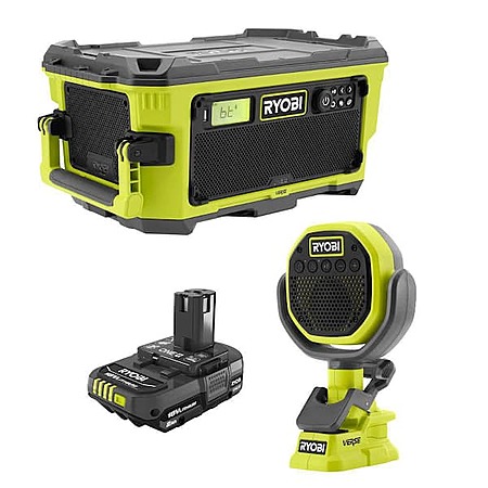 Ryobi ONE+ 18V Cordless 2-Tool Combo Kit with Hybrid VERSE LINK Stereo, VERSE Clamp Speaker, 2.0 Ah Battery, and Charger $199