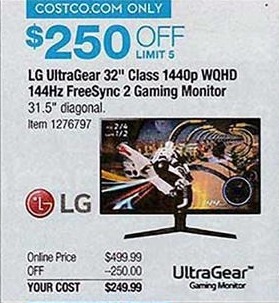 Costco Wholesale Black Friday: 32" LG 32GK850F-B UltraGear 1440p WQHD 144Hz FreeSync 2 Gaming Monitor for $249.99