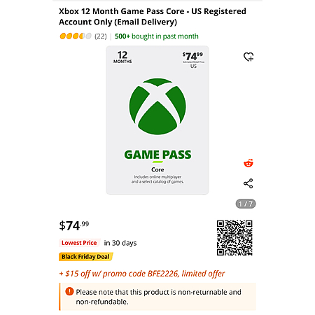 Xbox 12 Month Game Pass Core - US Registered Account Only (Email ...