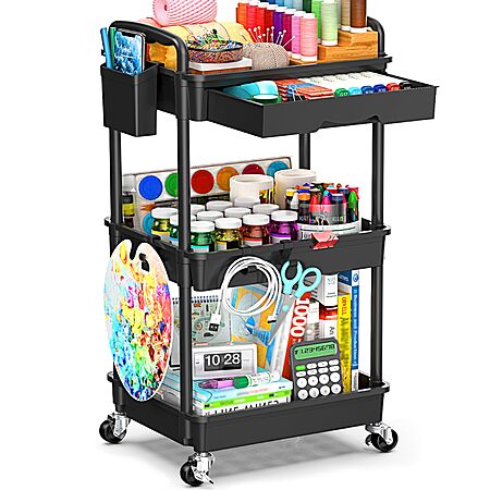 3-Tier Sunally Wide Rolling Storage Cart w/ Removable Drawer (Black) $14.99 + Free Shipping w/ Prime or on $35+