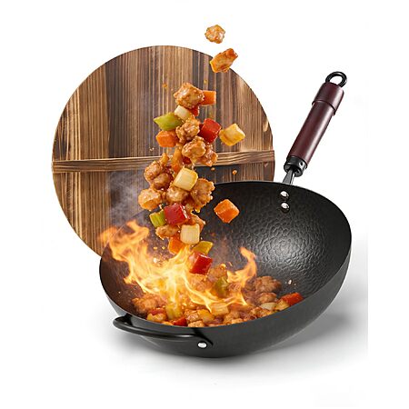 Prime Members: 13" FGJ Carbon Steel Flat Bottom Wok w/ Wooden Lid (Non-Coated)
