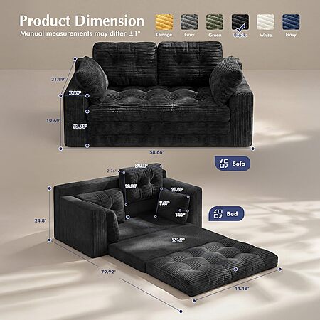 58.6" Homkdom Boneless Fold-Out Convertible Loveseat Sleeper: Grey $99.99, Black $109.99 + Free Shipping