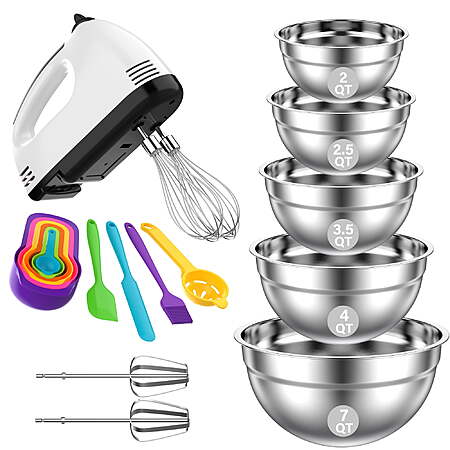Tinana 7-Speed Electric Hand Mixer w/ 5-Piece Stainless Steel Mixing Bowl Set and Accessories $25.99 + Free S&H w/ Walmart+ or on $35+