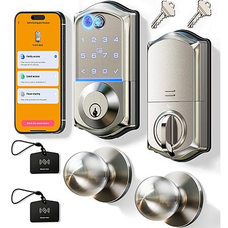 [Prime] Veise VE017-K  Auto Locking Fingerprint Keyless Entry Door Smart Lock Set w/ 2 Knobs and App Control (Satin Nickel) $51.99 + Free Shipping